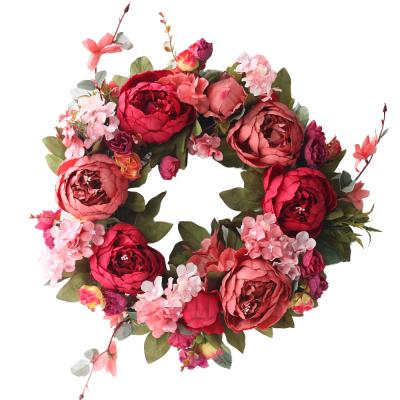 China 40cm artificial floral flower wreath door garlands mini peony silk garland for spring decoration for sale