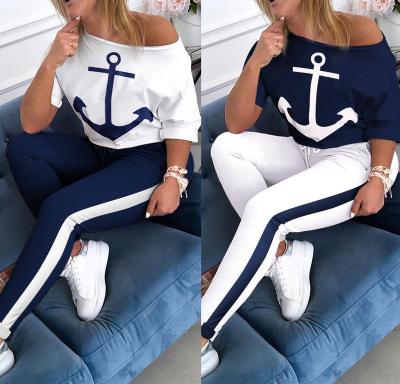 China Amazon Wise Hot Sale Women's Short Sleeve Anchor Print T-shirt Navy Style Sports Suit QUICK DRY for sale