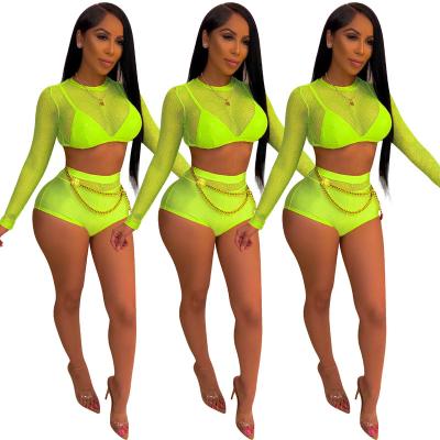 China 2021 QUICK DRY QUICK DRY Fluorescent See Well Mesh Two Piece Set O Neck Long Sleeve Sheer Hollow Crop Top Skinny Shorts Beach Wear Swimsuit for sale