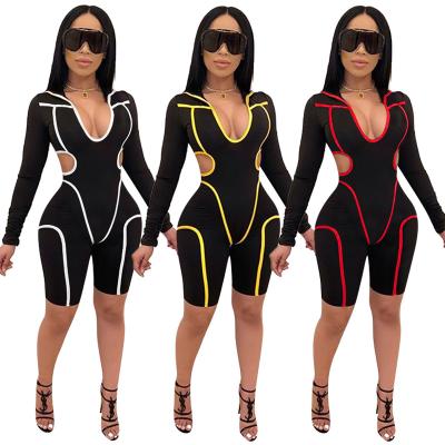 China Sexy Fashion Women Playsuit Patchwork Sheath Long Striped Casual QUICK DRY Summer Hollow Out Hooded Skinny Romper Overall Short V-Neck Party for sale