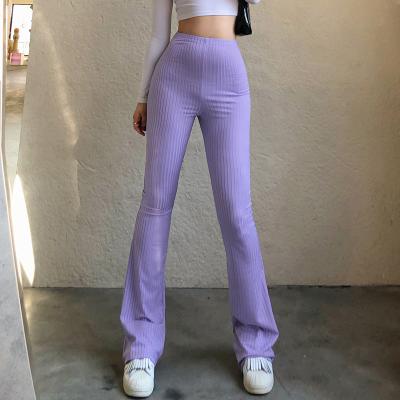 China New Women's Anti-Wrinkle Knitted Rocket Pants Fashion Joggers Anti-Wrinkle Purple Ribbed Raw Slim Female Sweatpants High Waist Aesthetic Trousers for sale