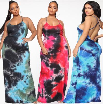 China 2021 Summer Breathable Plus Size Women's Breathable Dress Spaghetti Tie Backless Cross Print Bodycon Dye Sleeveless Tie Dye Long Dress Sexy Vestidos for sale