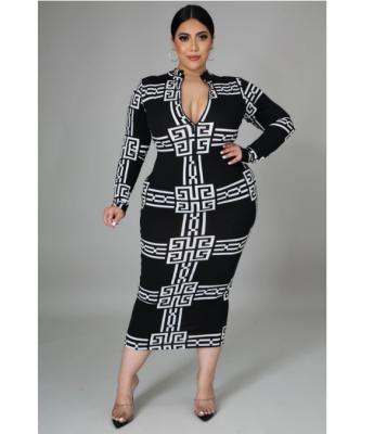 China 2021 High Quality Breathable Plus Size Mature Casual Dresses Slim Long Collar Or Deep V Sleeve Zipper Stand Digital Printing Long Dress for sale