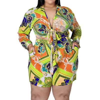 China QUICK DRY QUICK DRY Women Plus Size Geometric Print Two Piece Sets Ladies Clothes Sexy V-Neck Top Shorts Fashion Long Sleeve Casual Clothing Set for sale