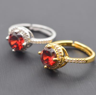 China Fashionable High Quality Adjustable Size Natural Sliver Crystal Glass Zircon Round Shape red Ring Jewelry For Women gold for sale