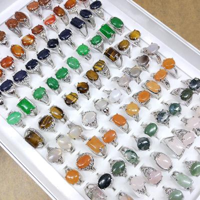 China Factory Price FASHION Cheap Natural Stone Rings Mix Colors Agate Tiger Eye Jade Women Silver Rings Gift Ring Jewelry Set for sale