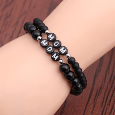 China FASHIONABLE Hot Sale 8mm Black Beaded Bracelet Beads Letter MOM Bracelet Stone Copper For Mother's Day for sale