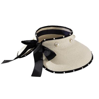 China 2021 New Soft/Comfortable Wholesale Bow With Pearl Sunblock Lady Beach Uv Sunshade Straw Hat for sale