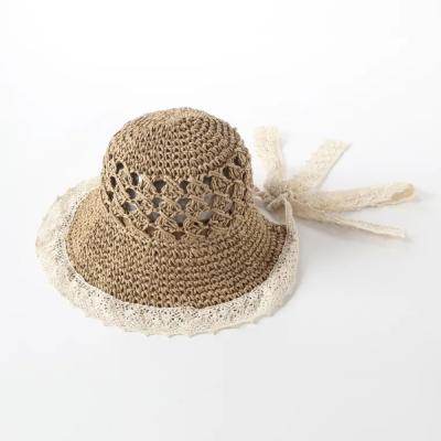 China Female Children Straw Hat Spring And Summer Of Character Baby Lace Ribbon Outside Parasol Sunscreen Hat Sun Hat for sale