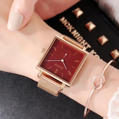 China Custom Elegance Logo Female Water Resistant GUOU 8091 Quartz Watch Female Elegant Mesh Band Square Minimalist Watch Kit for sale