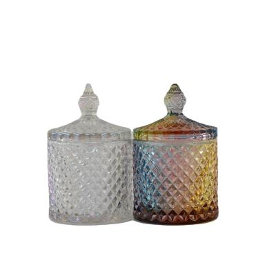 China Hot Selling Simple Modern Crystal Iridescent Unique Electroplated Glass Empty Home Decorative Candle Jar For Candle Making for sale