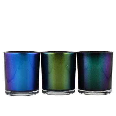 China Wholesale Modern Simple Cylinder Luxurious Iridescent Candle Glass Jar 8 Ounce Glass Candle Holders For Wedding With Lid And Gift Box for sale