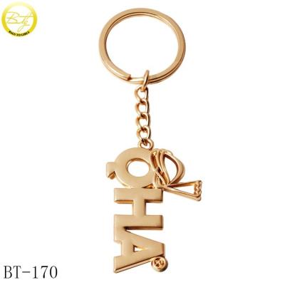 China nickel free/lead free profession made handbag chain tags logos custom matte gold embossed key letter metal chain for wallet for sale