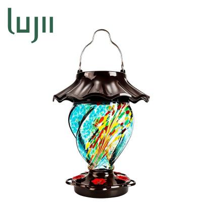 China LUJII Automatic Solar Powered Hummingbird Feeder Hand Blown Glass for Hanging Outdoors 35 fl.oz with Hanging Hook Ant Moat for sale