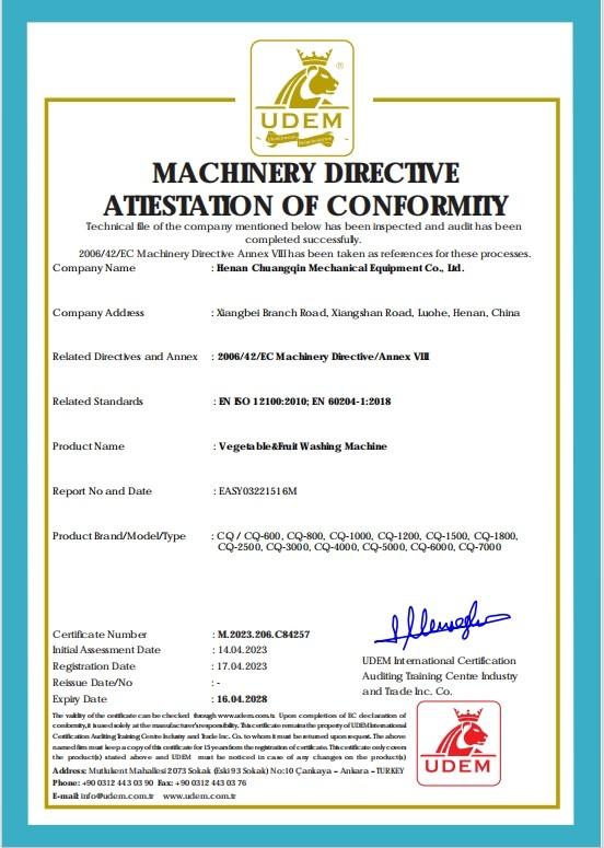 MACHINERY DIRECTVE ATIESTATON OF CONFORMIIY - Henan Chuangqin Mechanical Equipment Co., Ltd.