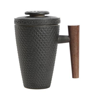 China Amazon Viable Hot Sale Wooden Handle Pottery Tea Cup Gift Box Packaging Black Stria Filtering Ceramic Mug for sale