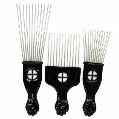 China 3 Size Afro Pick Durable African Hair Comb Plastic Handle Metal Teeth Comb for sale