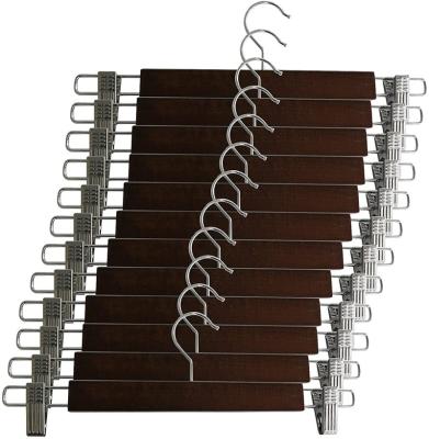 China Supermarket Modern Brown Wooden Trouser Hanger With Clips for sale