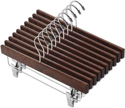 China Supermarket Modern Vintage Wooden Trouser Hanger With Adjustable Clips for sale