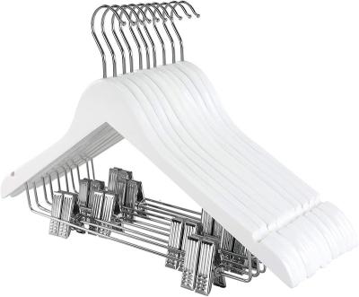 China Modern White Wooden Pants Hanger With Adjustable Metal Clips Wooden Coat Hanger for sale