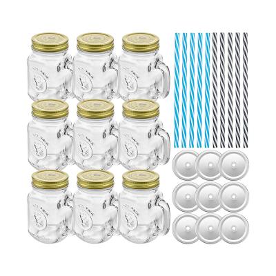 China Beverage Old Fashioned County Fair Glass Drinking Jars 9 Pack 16 Ounce Mason Cups With Handle And Straws for sale