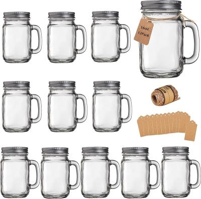 China Beverage 12 PK 16 oz Mason Jars with Clear Handle and Lids Mason Jar Drinking Glasses for sale