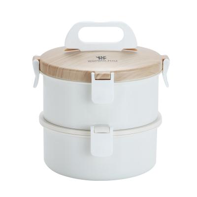 China Sustainable Sense Round Wooden Lunch Box Handle Stainless Steel Fresh-Keeping Box for sale