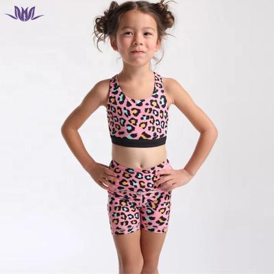 China 2022 Breathable Eation Babies Fitness Cross Bra Kids Pink Leopard Print Brand New Logo Yoga Set Shorts Suits Custom Made With Pocket for sale