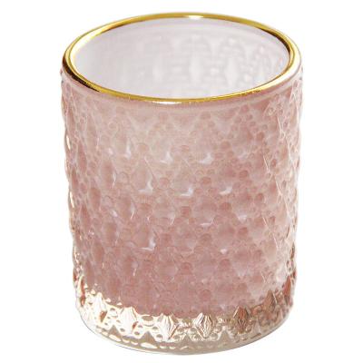 China Holiday Christmas Decoration Luxury Wide Mouth Cylinder Glass Candle Jars Gold Plated 5.5*5.5*6.5CM for sale