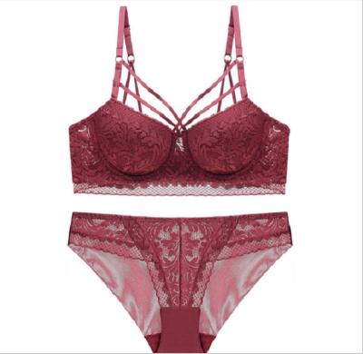 China In-stock 32C 3/4 cup lace push up bra bikini set breathable underwire padded ladies bra with spaghetti straps for sale