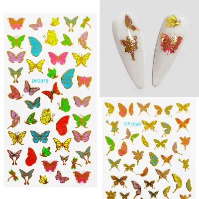 China Finger Nail Art Colorful Color Butterfly Nail Stickers 3d Fluorescent Hot Stamping With Adhesive Nail Decals for sale