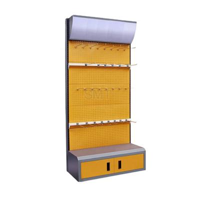 China Customized Double Sided Floor Metal Pegboard Standing Hardware Tools Show Rack Shelf Rack for sale