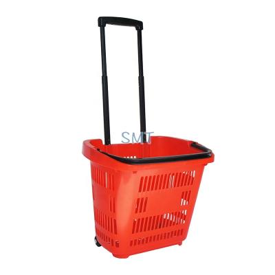 China Environmental friendly shopping basket 35 L red color plastic shopping basket with wheels for sale