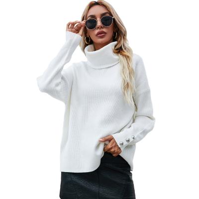 China Custom Rounded Anti-Wrinkle Turtle Neck Long Sleeve Button Design Ladies Sweater Plus Size Custom Knitted Womens Sweaters for sale