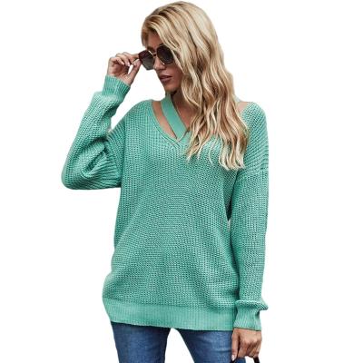 China Autumn Winter New Fashion Casual women's anti-pilling knitted sweaters long sheath Shoulderless V-neck loose sweater for sale