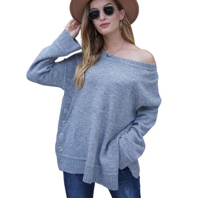 China custom made Anti-wrinkle off-the-shoulder sweaters fall/winter fashion round neck long sleeve knit sweater side split button sweater women for sale