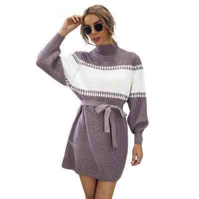 China New Style Autumn Long Puff Sleeve Half High Collar Women's Casual Knitted Sweater Dress Anti-wrinkle New Style OEM/ODM Casual Knitted Sweater Dress for sale