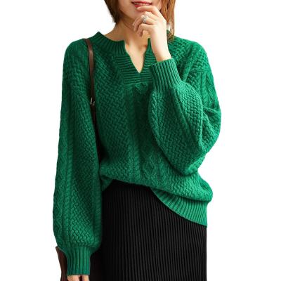 China High Quality Casual Loose Lazy V-neck Pullover Anti-wrinkle Lantern Sleeves Anti-wrinkle OEM&ODM Women's Custom Wool Knit Pullover Sweater for sale