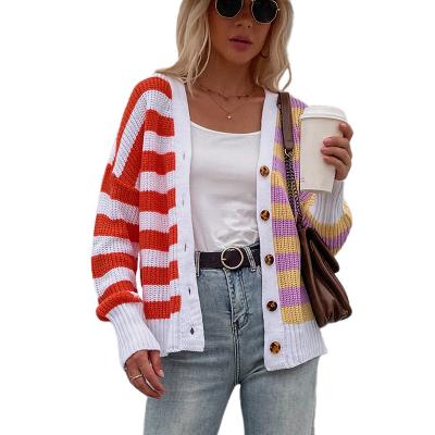 China Anti-wrinkle custom 2022 women cardigan spring and fall color block striped casual new fashion knit cardigan sweaters for sale