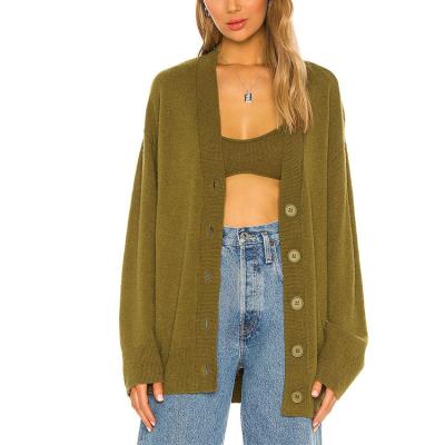 China OEM &ODM Anti-Wrinkle Long Sleeve Women Sweater Army Green Big Button 100% Wool Sleeve Ladies Cardigan Sweater for sale