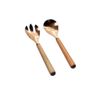 China High Quality Sustainable 2Pcs Stainless Steel Salad Spoon And Fork Set With Wooden Handle for sale