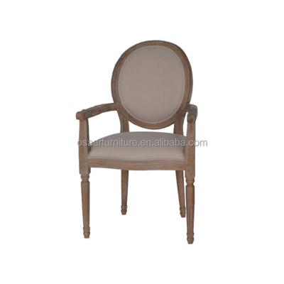 China Antique Wood Carving Oval Back Natural Canvas Fabric Louis Dining Chairs With Arms for sale