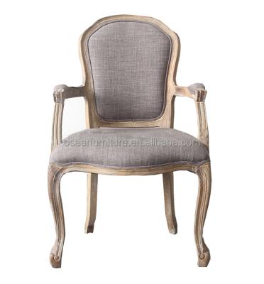 China With Arms French Furniture Gray Linen Fabric Square Back Wood Armrest Dining Chairs for sale