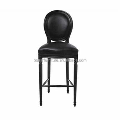 China French Farmhouse Vintage Design Wood Carved Round Black Back Leather Bar Stool for sale