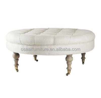 China French Country White Linen Fabric Tufted Ornate Round Ottoman Saddles With Wheels for sale