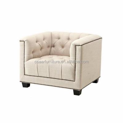 China French Vintage White Linen Fabric Tufted Upholstered Button Tufted Club Chairs for sale