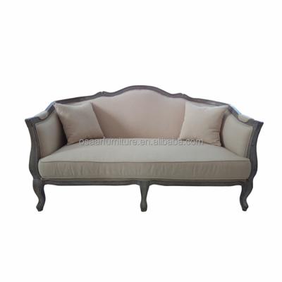 China Distressed French Provincial Carved Wood Wood Frame Oatmeal Classic Linen Fabric Sofa Furniture for sale