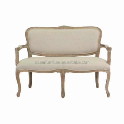 China French Country Furniture Classic Wood Frame Two Seater Distressed Wooden Carved Dining Sofa for sale