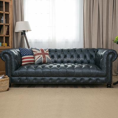 China Chesterfield Living Room Luxury Tufted Furniture American Vintage Blue Leather Sofa for sale