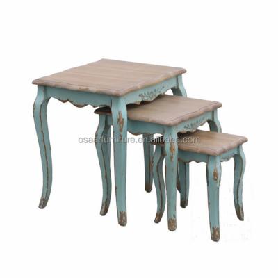 China Traditional French Baroque Style Turquoise Antique Wood Carved Nesting Table for sale